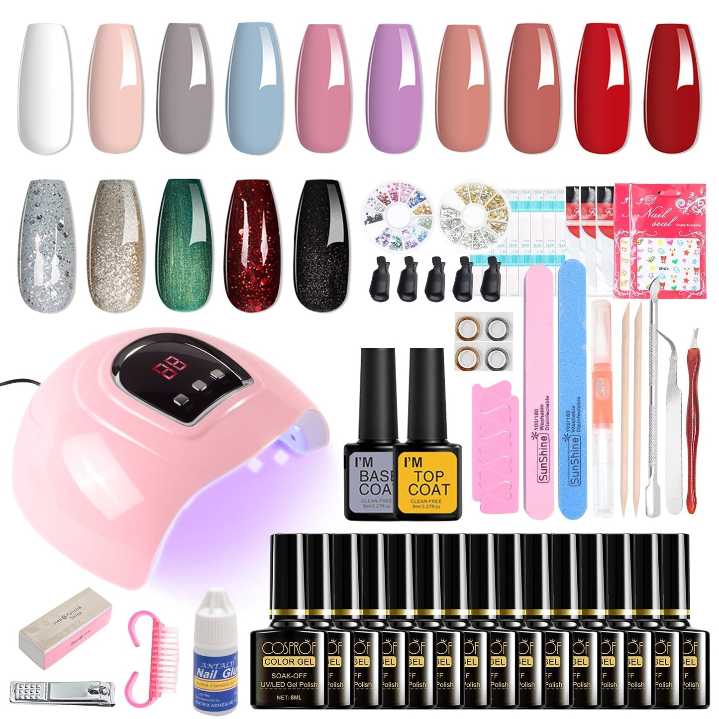 36W 18LED Nail Lamp Gel Nail Polish Starter Kit Manicure 15 Colors Pink Iolaus