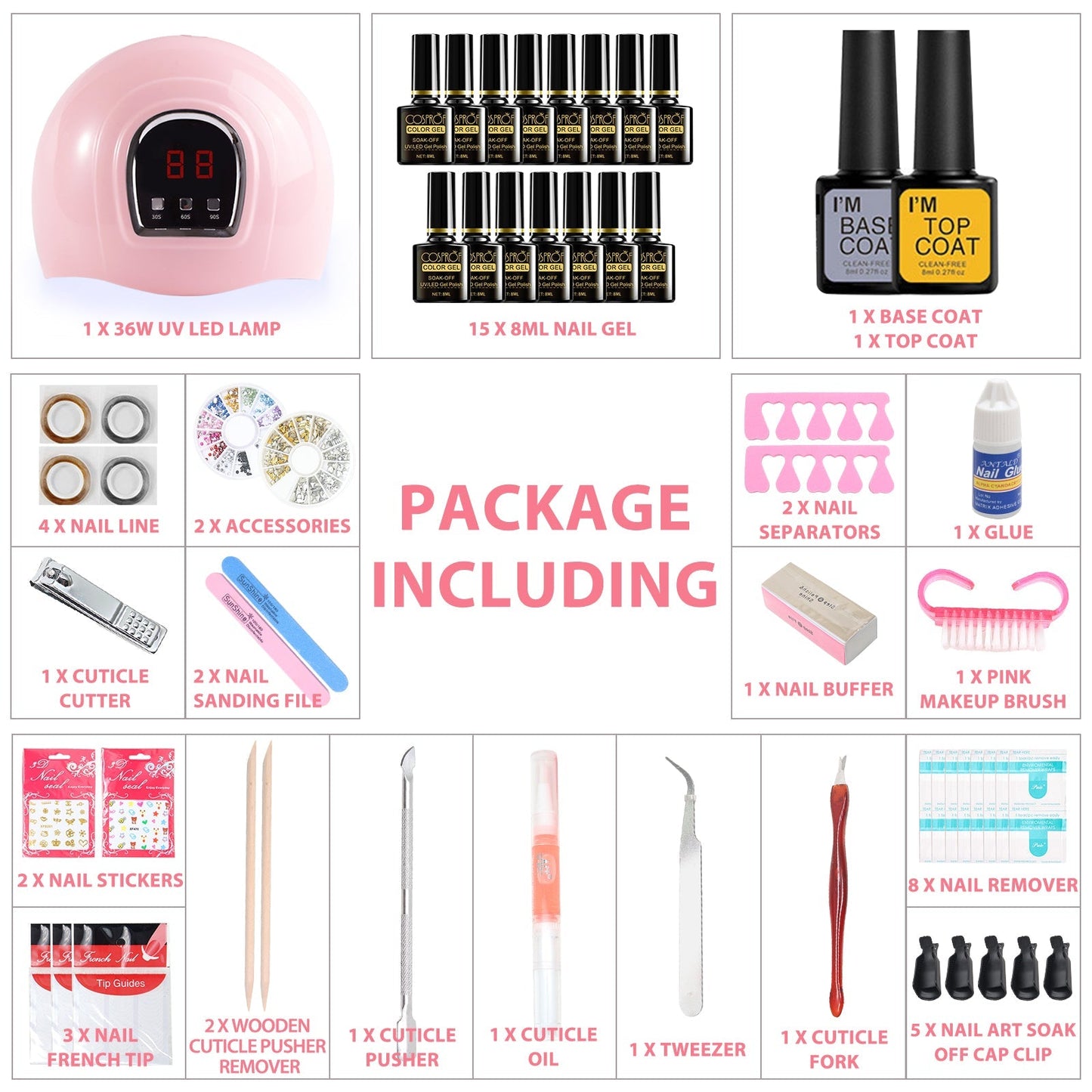 36W 18LED Nail Lamp Gel Nail Polish Starter Kit Manicure 15 Colors Pink Iolaus