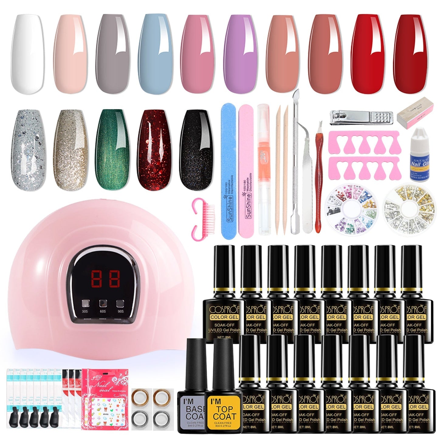 36W 18LED Nail Lamp Gel Nail Polish Starter Kit Manicure 15 Colors Pink Iolaus