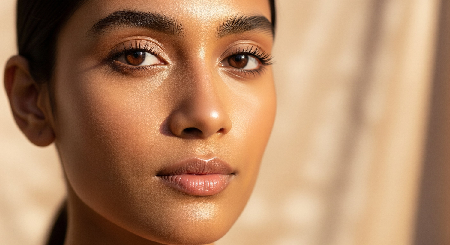 Gros plan d’une femme au regard profond, mise en valeur par des cils volumineux et un maquillage léger. L’éclairage doré et l’arrière-plan velouté créent une ambiance élégante et intime.